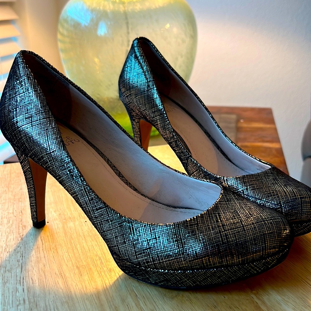 Platform pumps in a cool metallic!